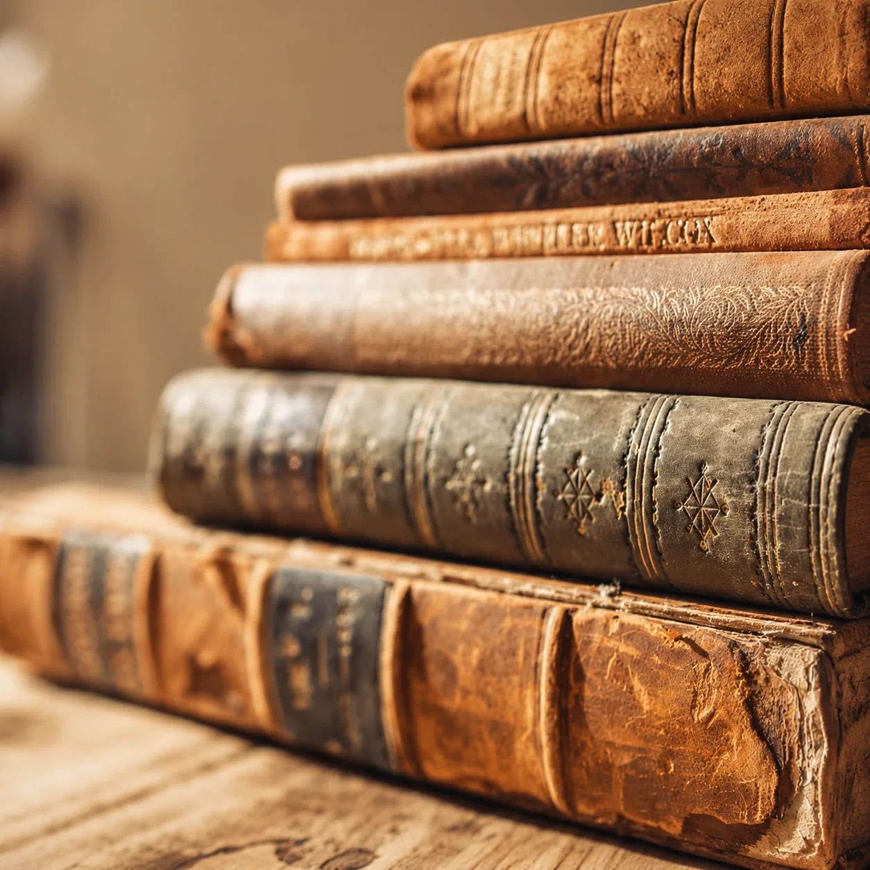 Stapel oude boeken met verweerde leren banden
